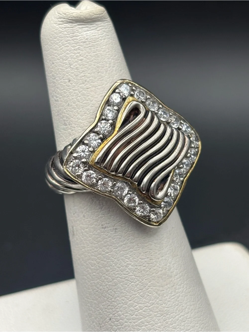 Two-Tone Sterling Square Wave Ring with Clear Crystal Halo -